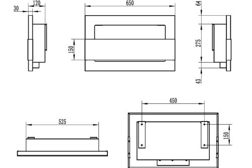 Hangende bio-ethanolhaard met glas 650x400 – zwart gestructureerd mat biokominek_650x400_czarny_strukturalny_z_szyba_wymiary