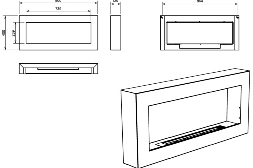Hangende bio-ethanolhaard 900x400 BOX – witte gestructureerd mat biokominek_box_wiszacy_900x400_bialy_wymiary