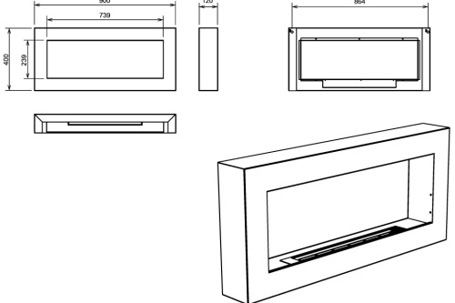 Hangende bio-ethanolhaard 900x400 BOX – zwart gestructureerd mat biokominek_box_wiszacy_900x400_czarny_wymiary