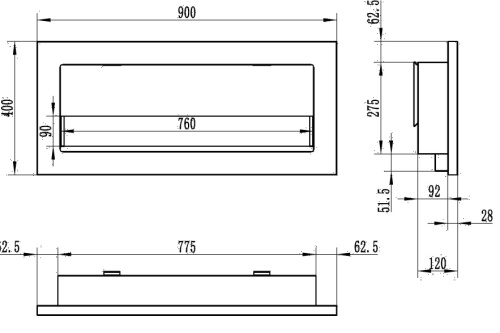 Hangende bio-ethanolhaard met glas 900x400 SLIM – zwart gestructureerd mat biokominek_wiszacy_z_szyba_900x400_slim_czarny_strukturalny_mat_wymiary
