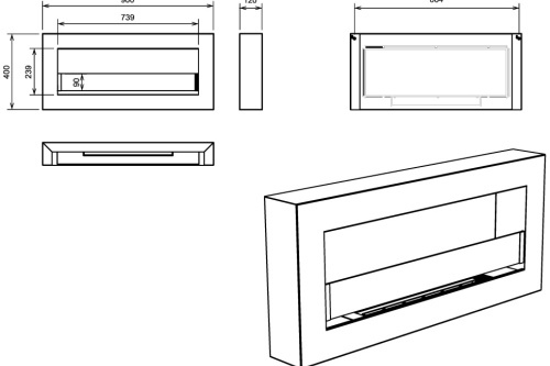 Hangende bio-ethanolhaard met glas 900x400 BOX – witte gestructureerd mat biokominekbox_wiszacy_z_szyba_900x400_bialy_wymiary